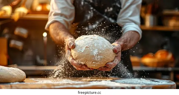 Baker kneading dough in a bakery