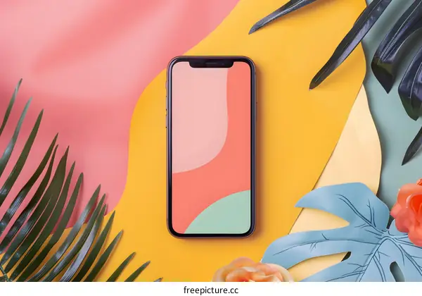 Colorful Paper Background with Smartphone and Tropical Leaves