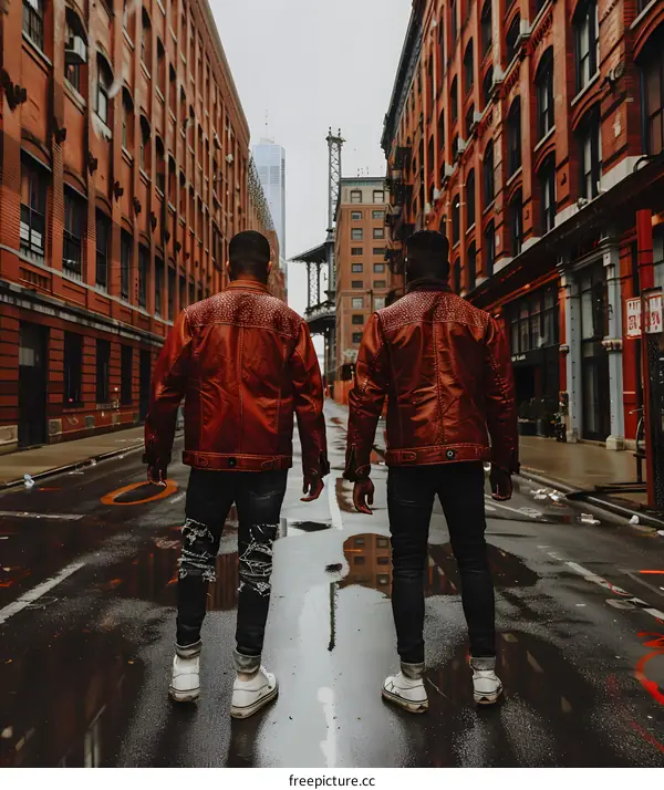 Two Men in Leather Jackets Walking Away from the Camera in New York City