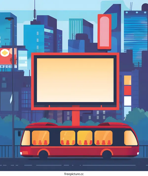 Cityscape Illustration with a Red Bus and a Blank Billboard