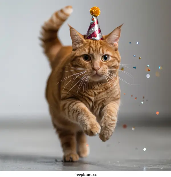 A ginger cat wearing a party hat runs toward the camera