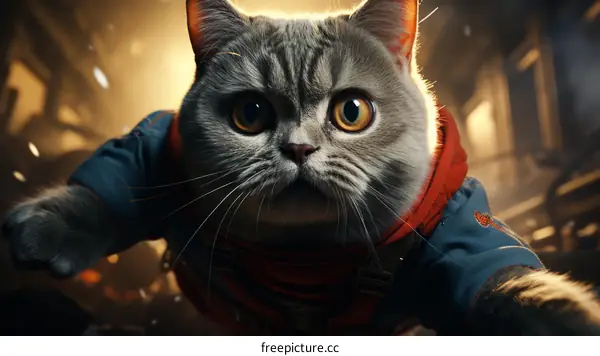 A Gray Superhero Cat Flies Over a Ruined City