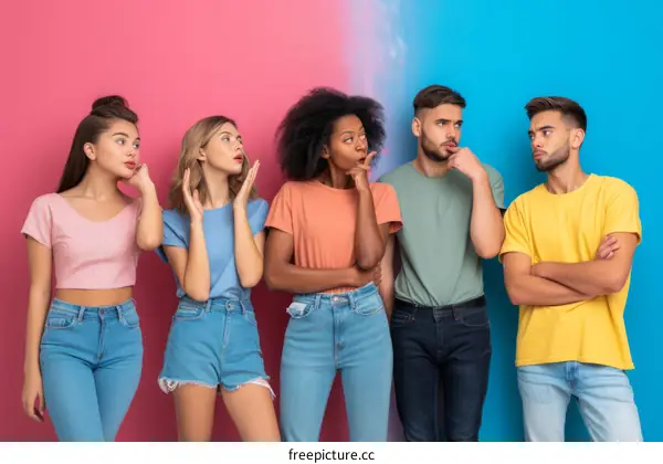 A group of diverse young people standing together and looking away