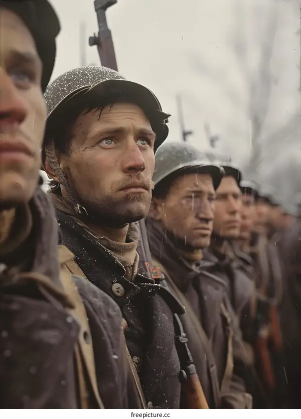 A group of soldiers in the snow during World War II.
