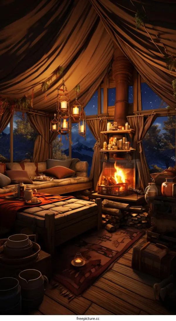 Cozy bedroom interior with fireplace and mountain night view