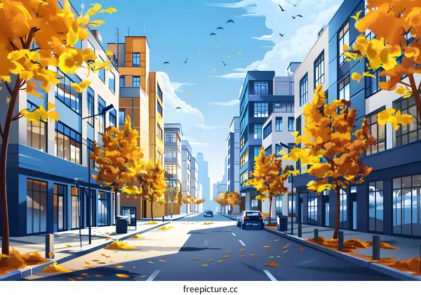 Autumn Day in the City with Buildings and Yellow Leaves