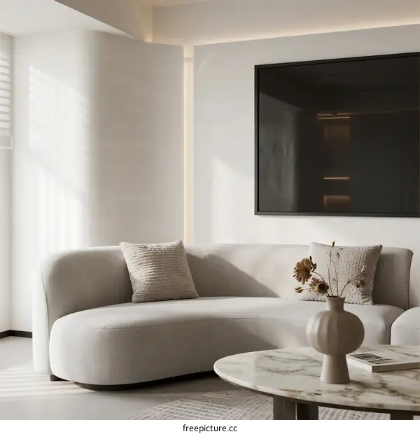 Minimalist curved sofa in bright modern living room