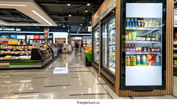 Modern Supermarket Interior With Refrigerated Shelves Displaying Food Products
