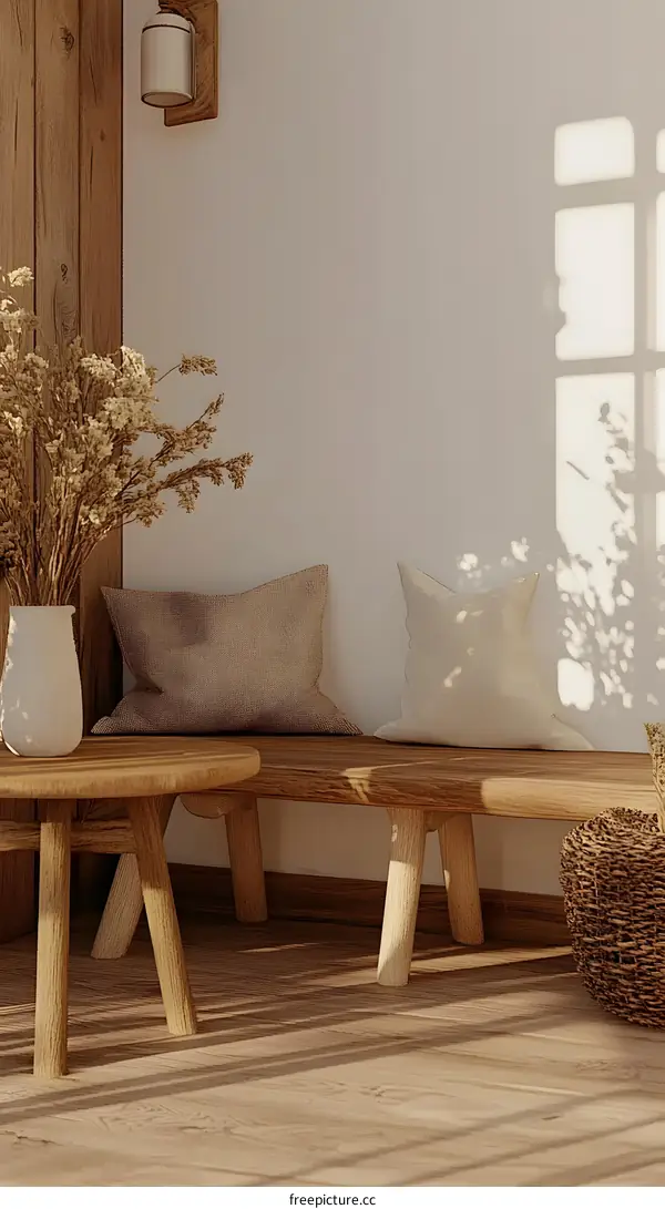 Minimalist Wooden Bench and Table with Dried Flowers