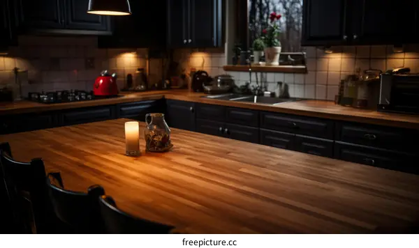 A wooden table in a modern kitchen with a candle and a vase on it