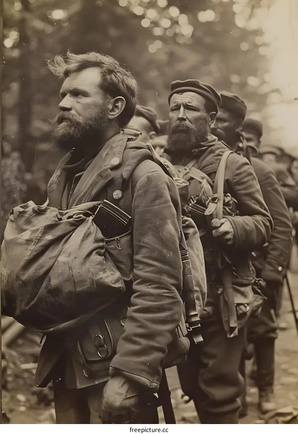 World War I: French soldiers in line with rifles and bags