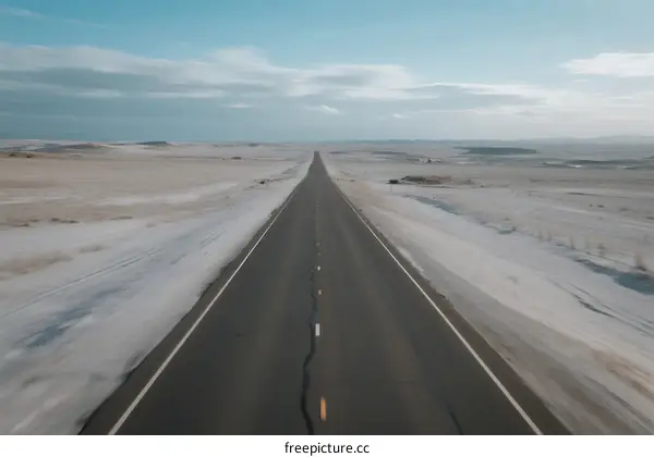 Long straight road stretching through a snowy open landscape under a clear sky