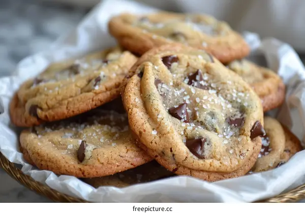 A pile of chocolate chip cookies on a white napkin