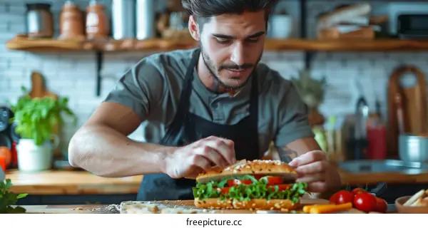 Young male chef making sandwich in kitchen
