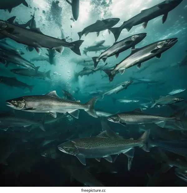 A large group of fish are swimming in the water