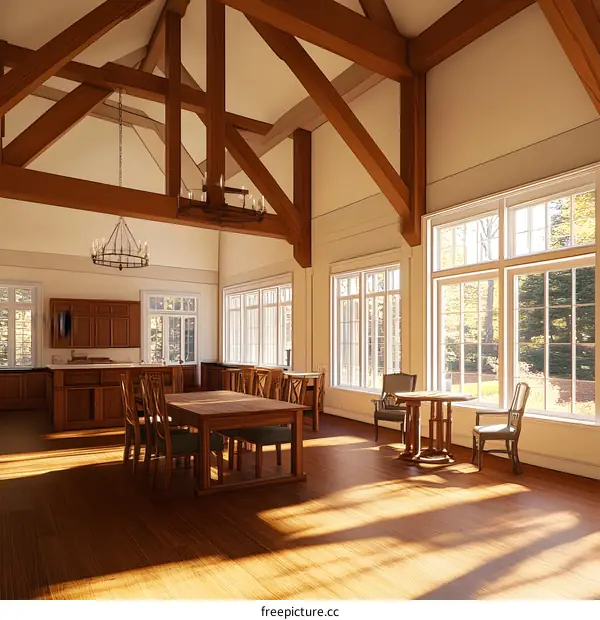 Spacious Modern Kitchen with Large Windows and Wooden Beams