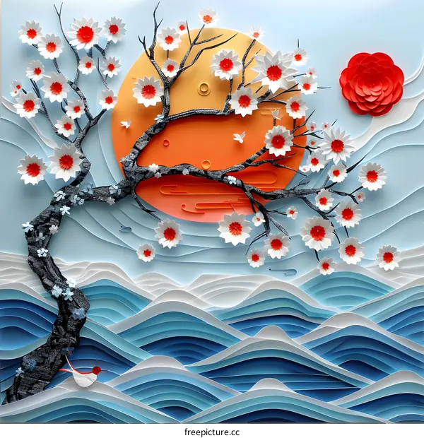 Papercut art with tree, sun and sea waves