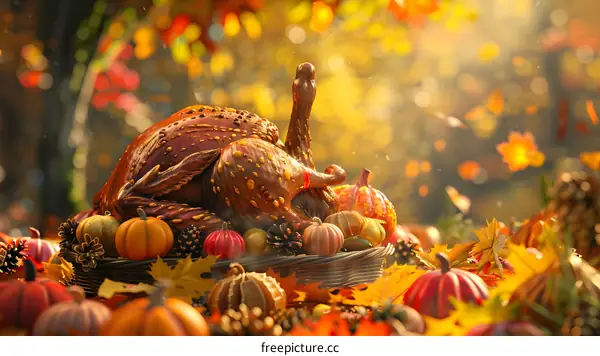 Thanksgiving dinner with roasted turkey, pumpkins, and fall leaves.