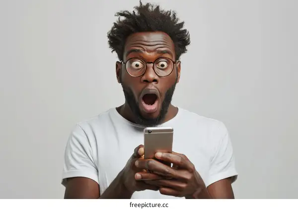 Surprised African American man looking at his phone