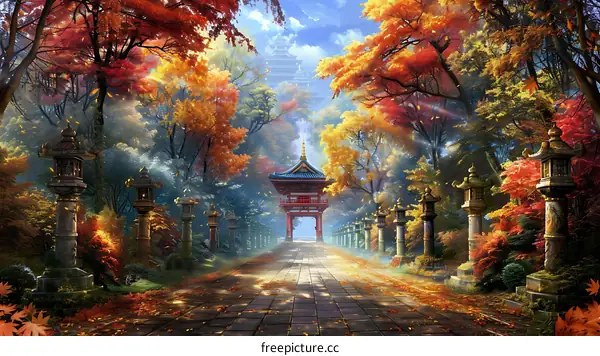 Autumn Forest Temple Pathway