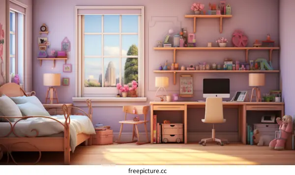 Cozy pink and white bedroom and home office