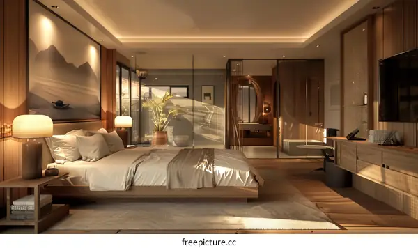 Hotel room with a large bed and a bathroom with a bathtub and a shower