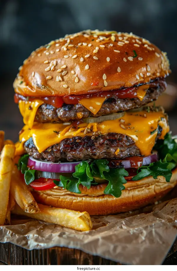 A delicious double cheeseburger with fries