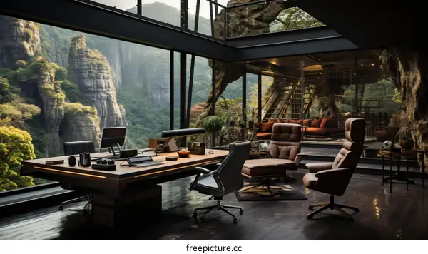 Modern office interior with large glass windows and a view of the mountains