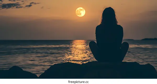 Silhouette of Woman Sitting on Rocks at Sunset With Full Moon