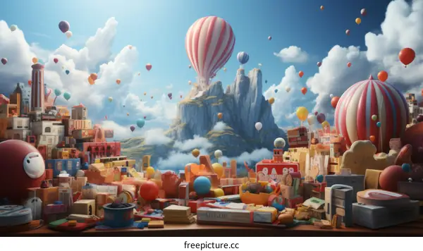 A Surreal Landscape with Hot Air Balloons and Floating Objects