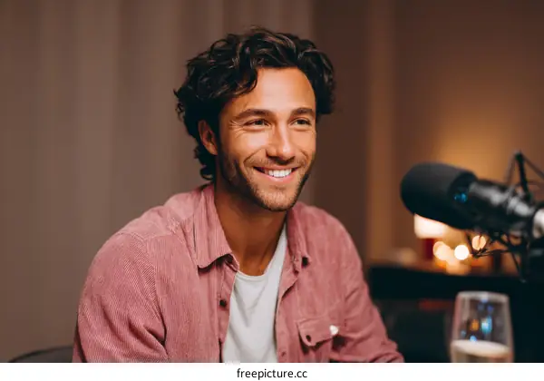 Podcast Host Smiling at Microphone