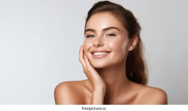 Close up portrait of beautiful smiling woman with perfect skin touching her face