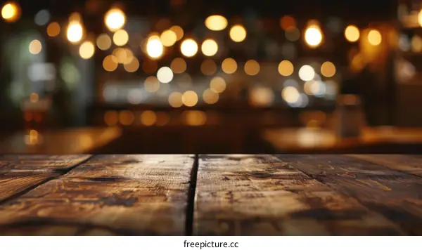 An Empty Wooden Table with a Blurred Background of a Bar