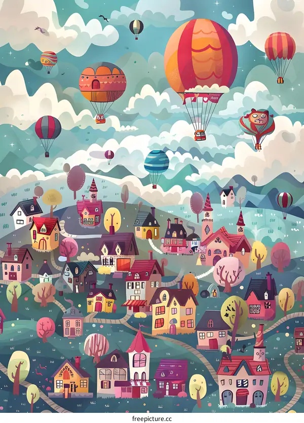 Colorful Town with Hot Air Balloons Illustration