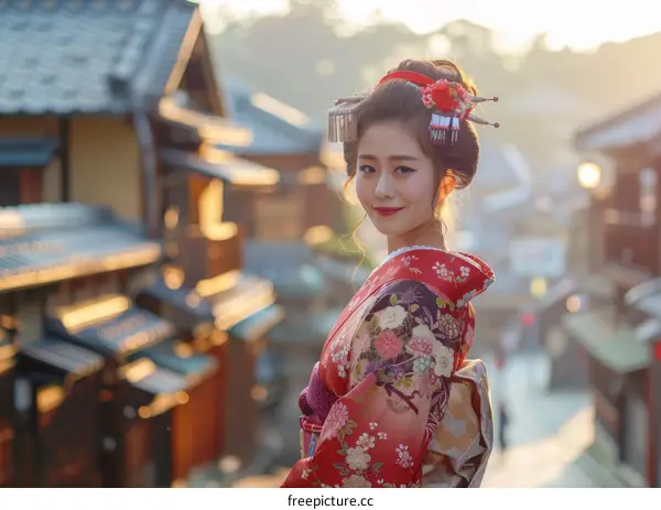 Portrait of a beautiful Japanese woman in traditional kimono