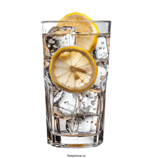 [Transparent Background PNG]glass of water with lemon slices and ice cubes