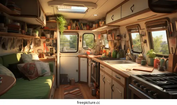 Cozy interior of a camper van with a kitchen and living area