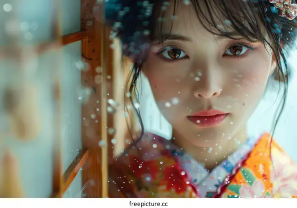 Portrait of a beautiful Asian woman in traditional Japanese clothing