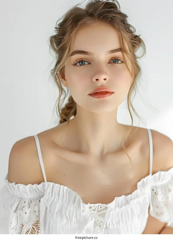 Portrait of Young Woman with Blonde Hair and White Dress