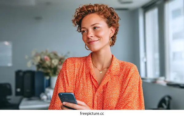 Woman in Orange Blouse Holding Phone in Modern Office