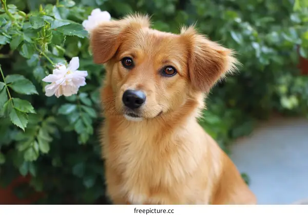 Adorable Golden Retriever Puppy by Rose Bush