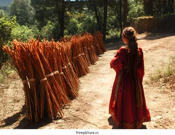 Woman in Red Dress Standing Next to Pile of Sticks in Forest