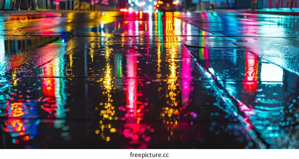 Lights of Urban City at Night Reflecting in Wet Pavement