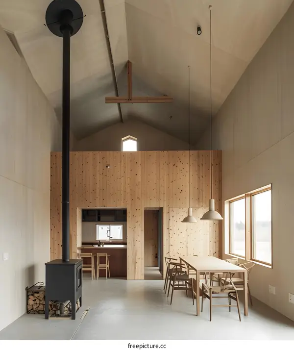 Modern Minimalist Living Room With Wood Panel Walls And Fireplace