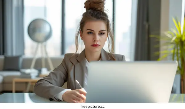 Young businesswoman working on laptop in modern office