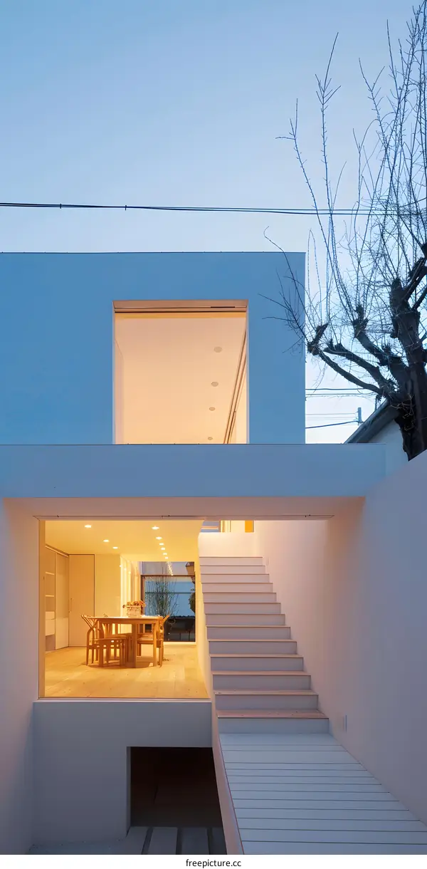 Modern Minimalist House Exterior With Wooden Stairs And Large Windows
