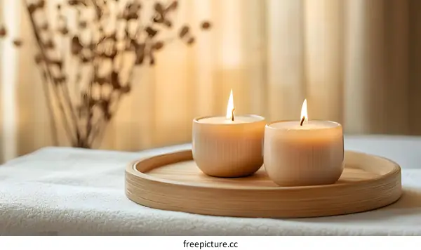 Two Burning Candles On Wooden Tray