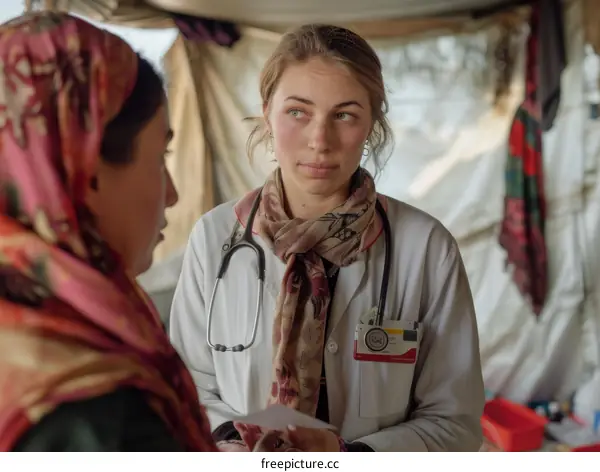 Doctor examines patient in tent