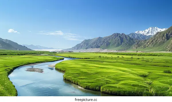 Green Grassland under Snow Mountains with River