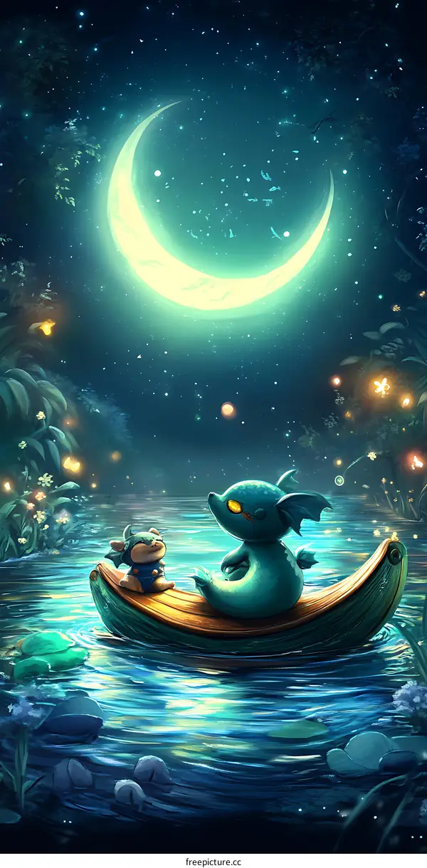 Fantasy Night Scene with a Crescent Moon and Two Characters in a Boat